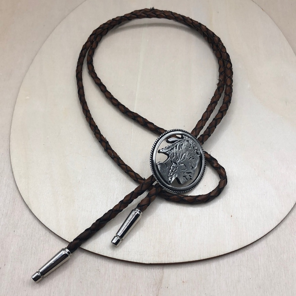 Vintage Native American Indian Chief Coin Like Leather Bolo Tie Necklace